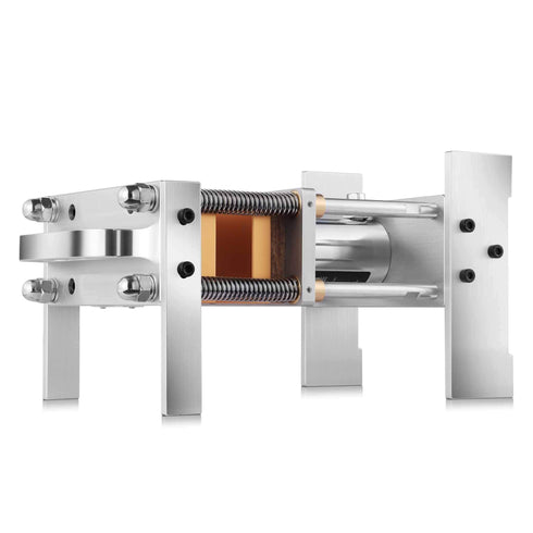 Close-up view of HR12T47 anodized aluminum heated platens and hydraulic cylinder mechanism