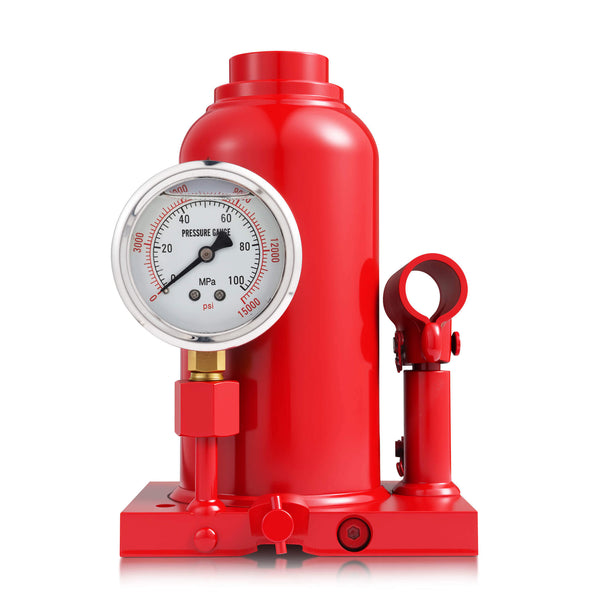 Red hydraulic jack with pressure gauge on a white background