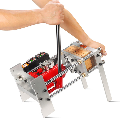 Dabpress 10-Ton hydraulic rosin press with dual heated plates, PID temperature controllers, pressure gauge, and adjustable vertical/tilt frame