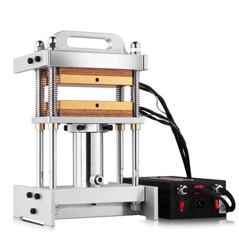 Side angle view of HR12T47 hydraulic heat press showing frame and heating rod cables